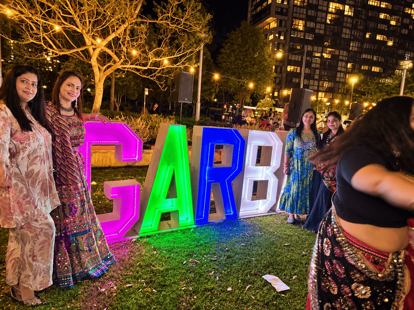 Illuminated GARBA landmark in the park during the celebration