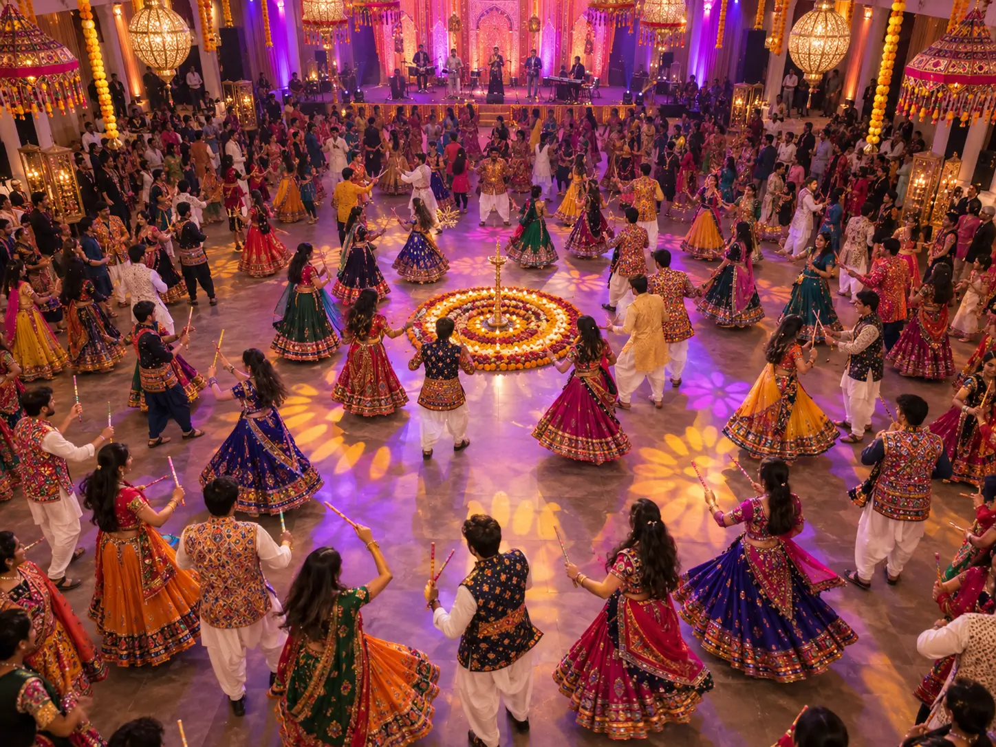 A large Garba circle dancing together under festive lights