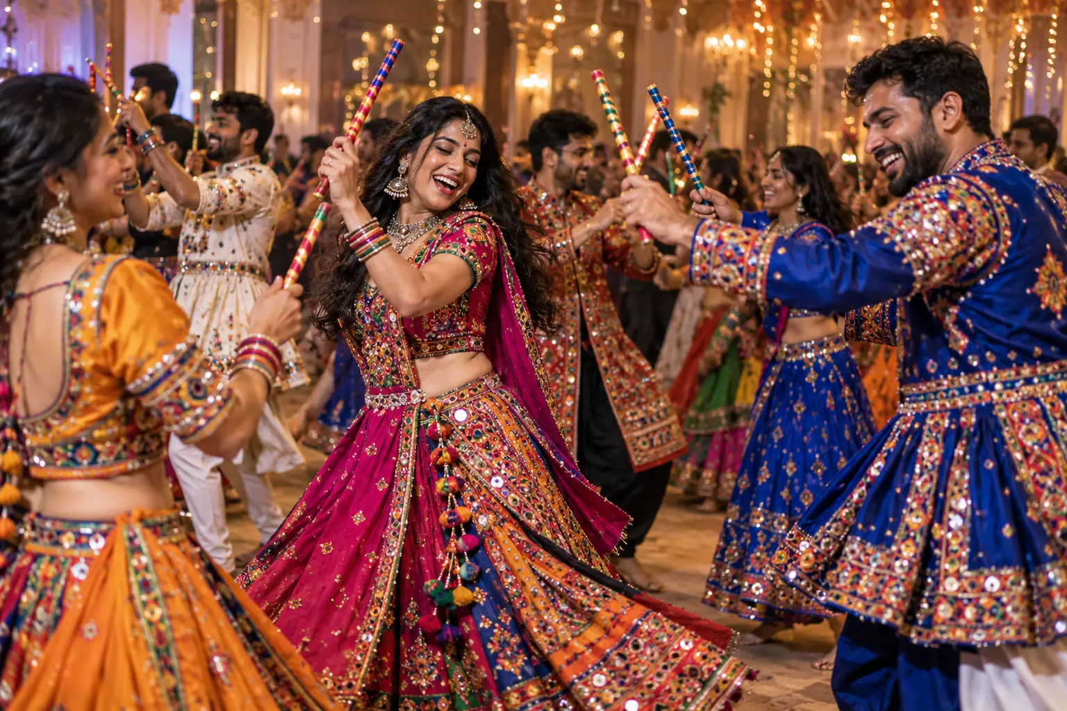 Garba dancers enjoying Dandiya together